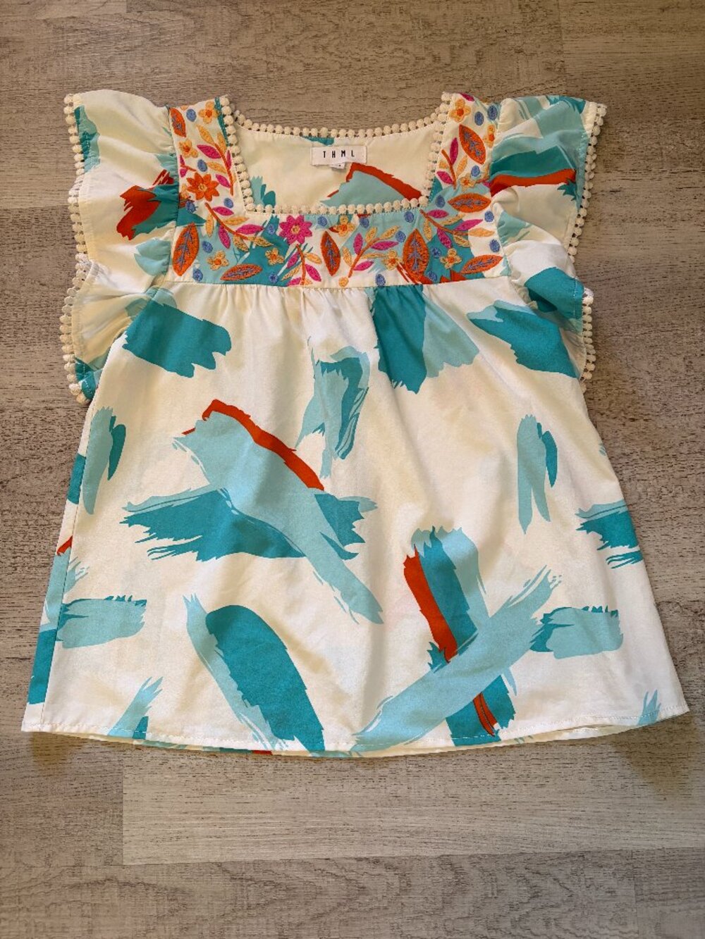 THML Top Womens XSmall Floral Embroidered Flutter Sleeve Babydoll Popover